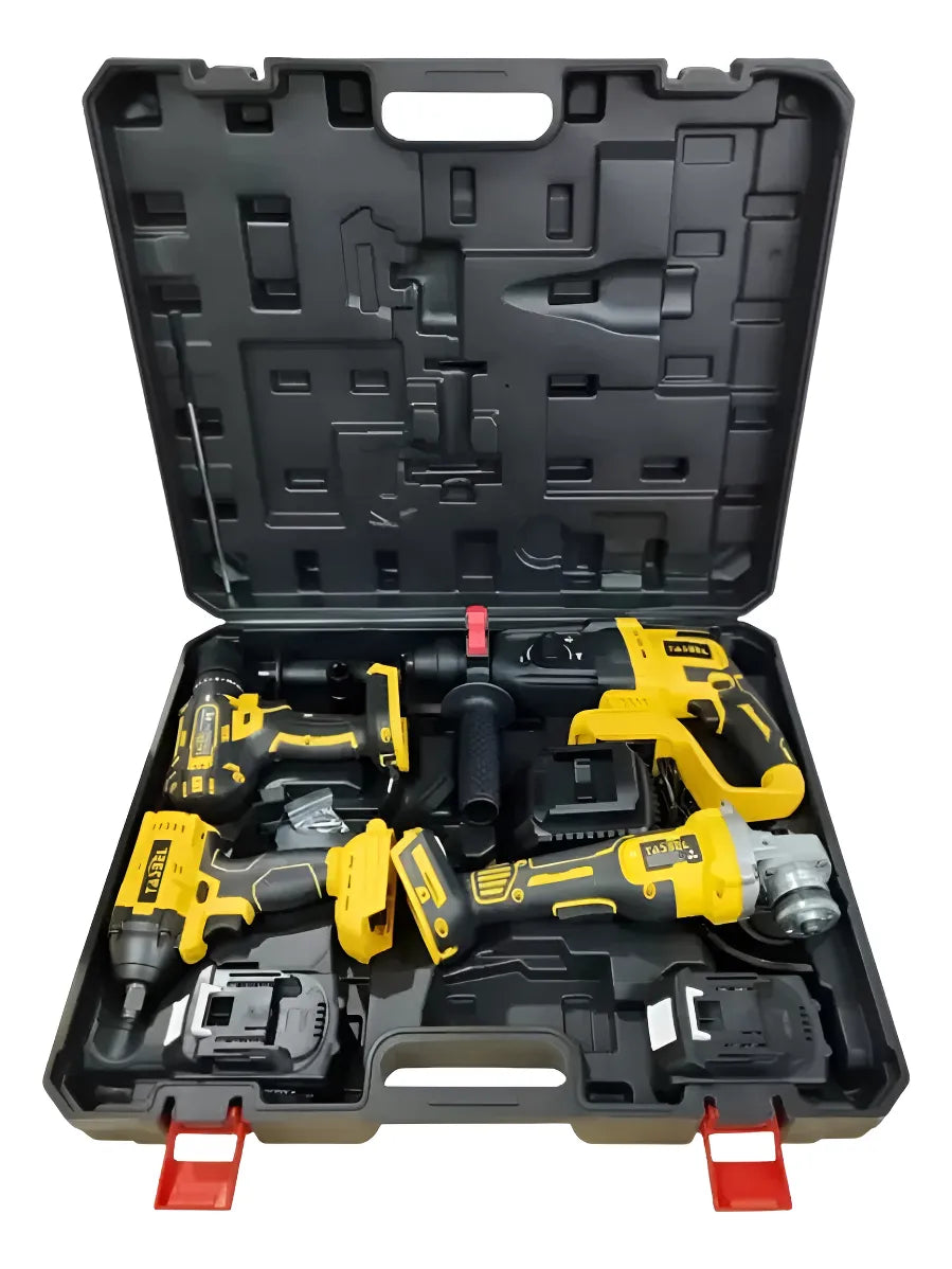 Set 4 Herramientas Inalámbricas Tasbel 98V — Taladro, Esmeril, Rotomartillo y Llave de Impacto | 2 Baterías + Maletín