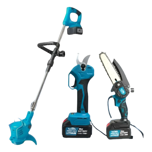 Set Jardín Inalámbrico 3 en 1 Tasbel 98V — Cortadora de Pasto, Mini Sierra y Tijera | 2 Baterías