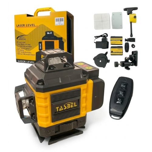 Nivel Láser Verde 3D Tasbel — 4 Líneas 360° + Punto de Plomada | Trípode y 2 Baterías Incluidos AMARILLO