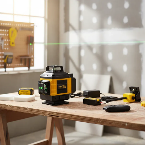 Nivel Láser Verde 3D Tasbel — 4 Líneas 360° + Punto de Plomada | Trípode y 2 Baterías Incluidos AMARILLO