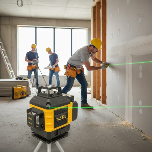 Nivel Láser Verde 3D Tasbel — 4 Líneas 360° + Punto de Plomada | Trípode y 2 Baterías Incluidos AMARILLO
