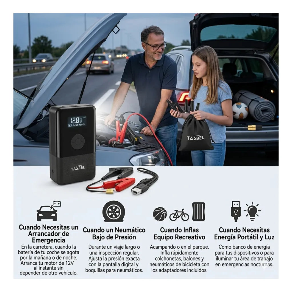 Arrancador de Auto 12V + Inflador de Neumáticos — Power Bank, Manómetro Digital y Linterna | Todo en Uno