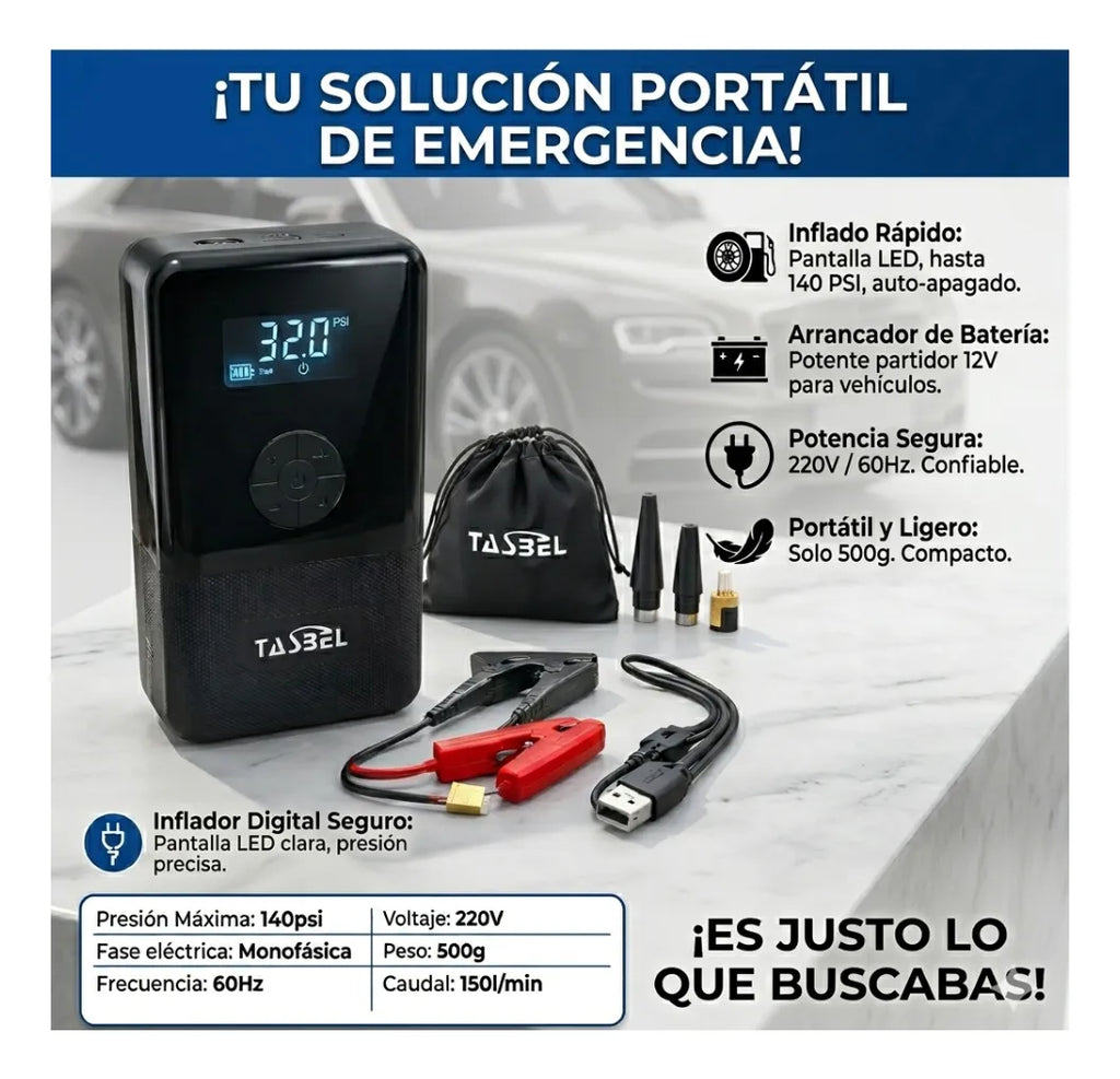 Arrancador de Auto 12V + Inflador de Neumáticos — Power Bank, Manómetro Digital y Linterna | Todo en Uno