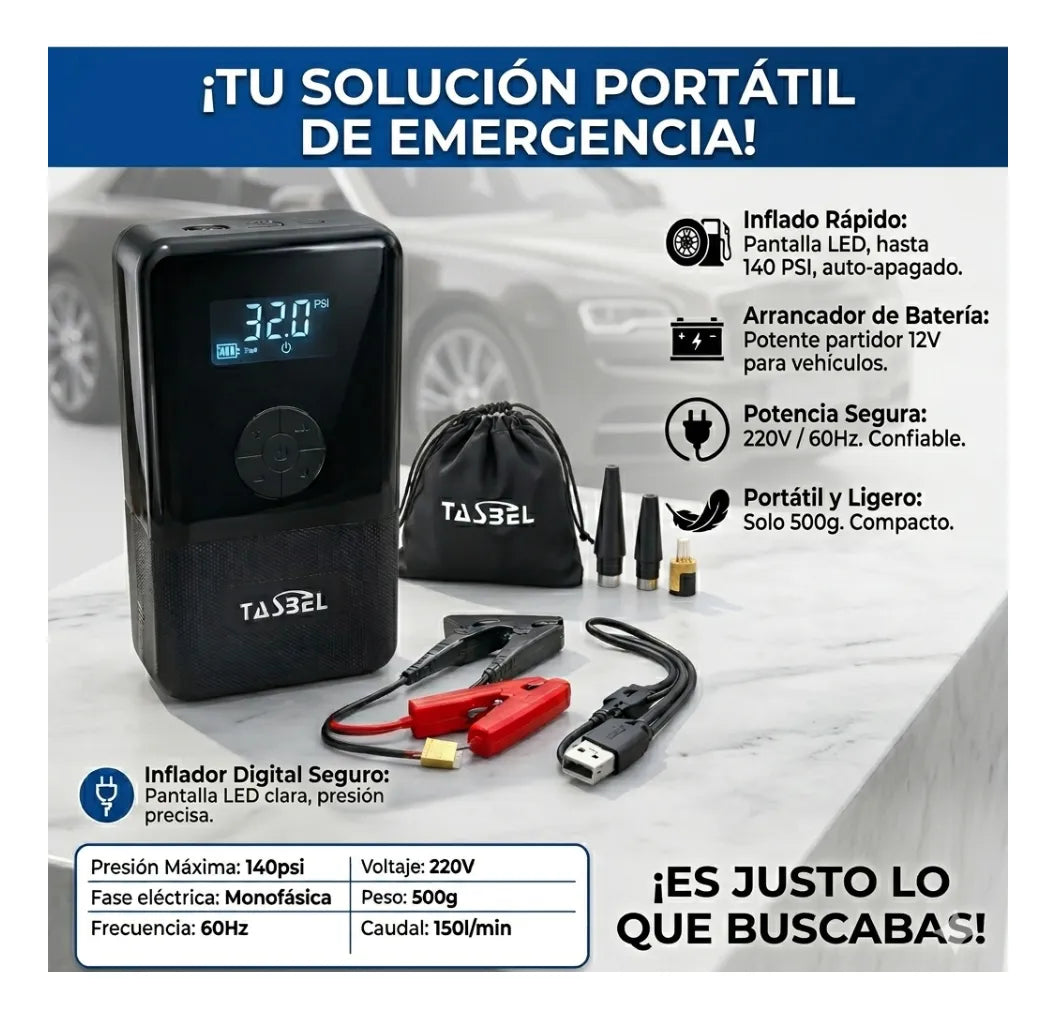 Arrancador de Auto 12V + Inflador de Neumáticos — Power Bank, Manómetro Digital y Linterna | Todo en Uno