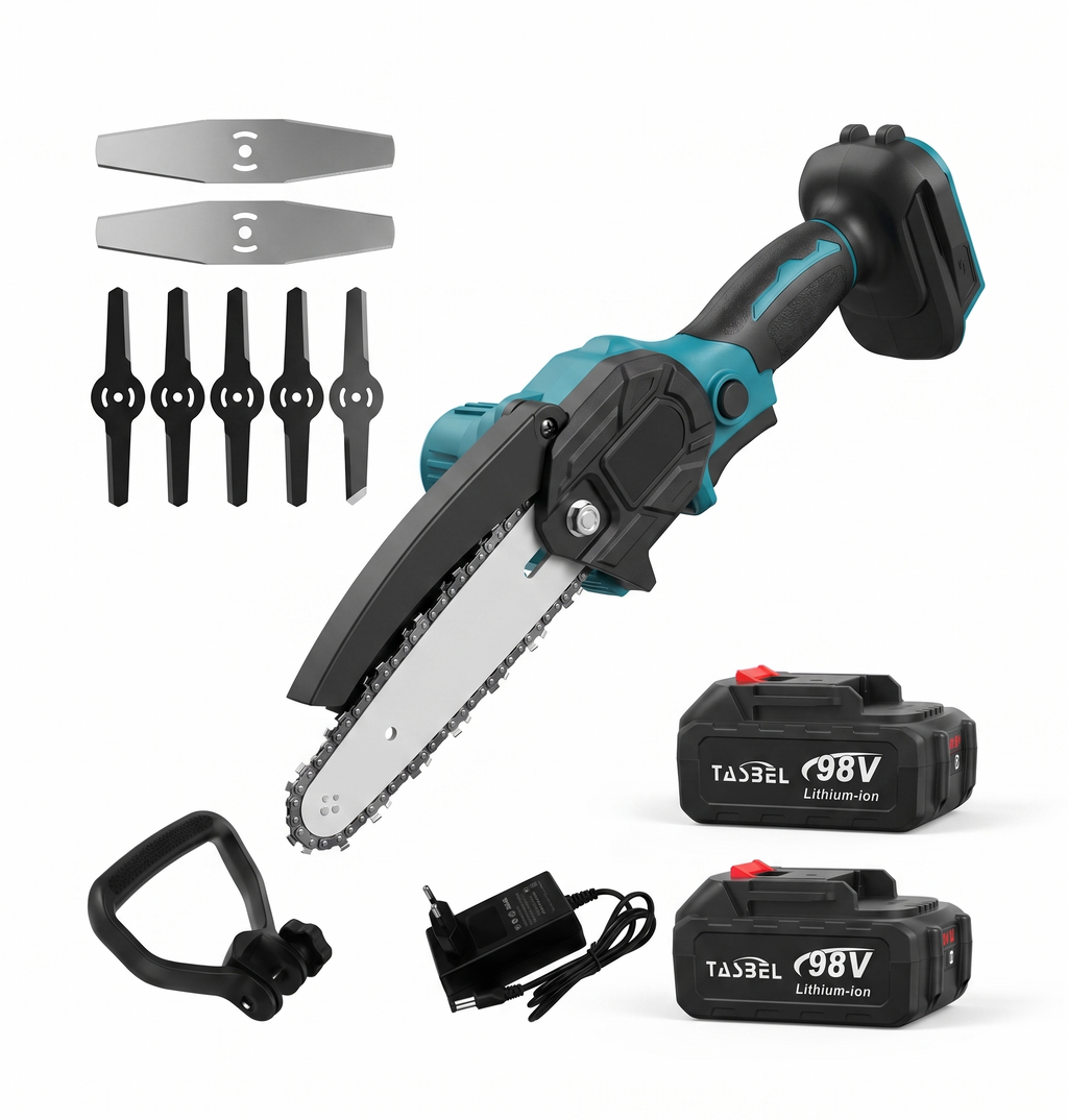 Mini Motosierra Inalámbrica 4" — Poda con Una Mano | Batería de Litio, Cuchillas y Cargador Incluidos