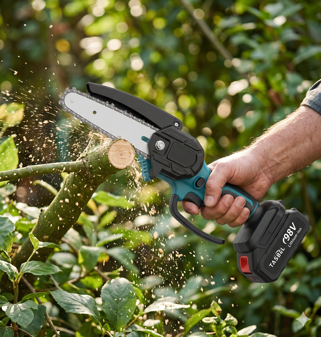 Mini Motosierra Inalámbrica 4" — Poda con Una Mano | Batería de Litio, Cuchillas y Cargador Incluidos