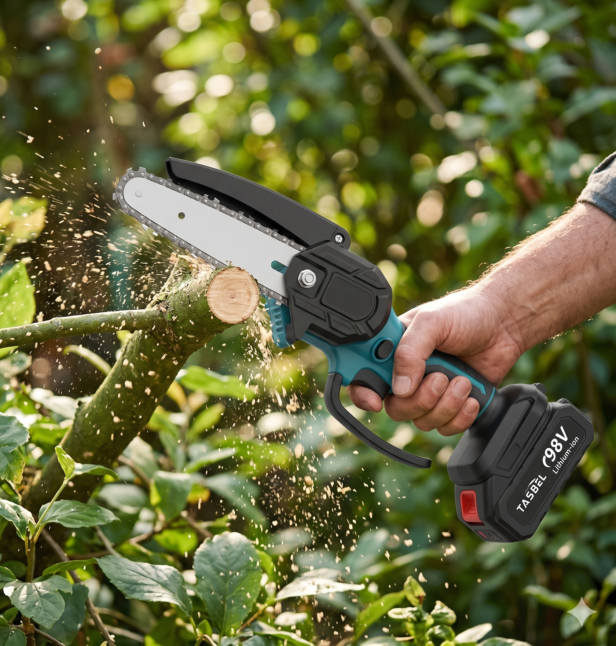 Mini Motosierra Inalámbrica 4" — Poda con Una Mano | Batería de Litio, Cuchillas y Cargador Incluidos